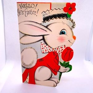 New!! Vtg 1950’s “Hello Easter” embellished/cutout bunny greeting card